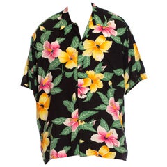 1980S Black Rayon Mens Tropical Pink & Yellow Floral Hawaiian Shirt