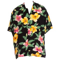 Retro 1980S Black Rayon Mens Tropical Pink & Yellow Floral Hawaiian Shirt