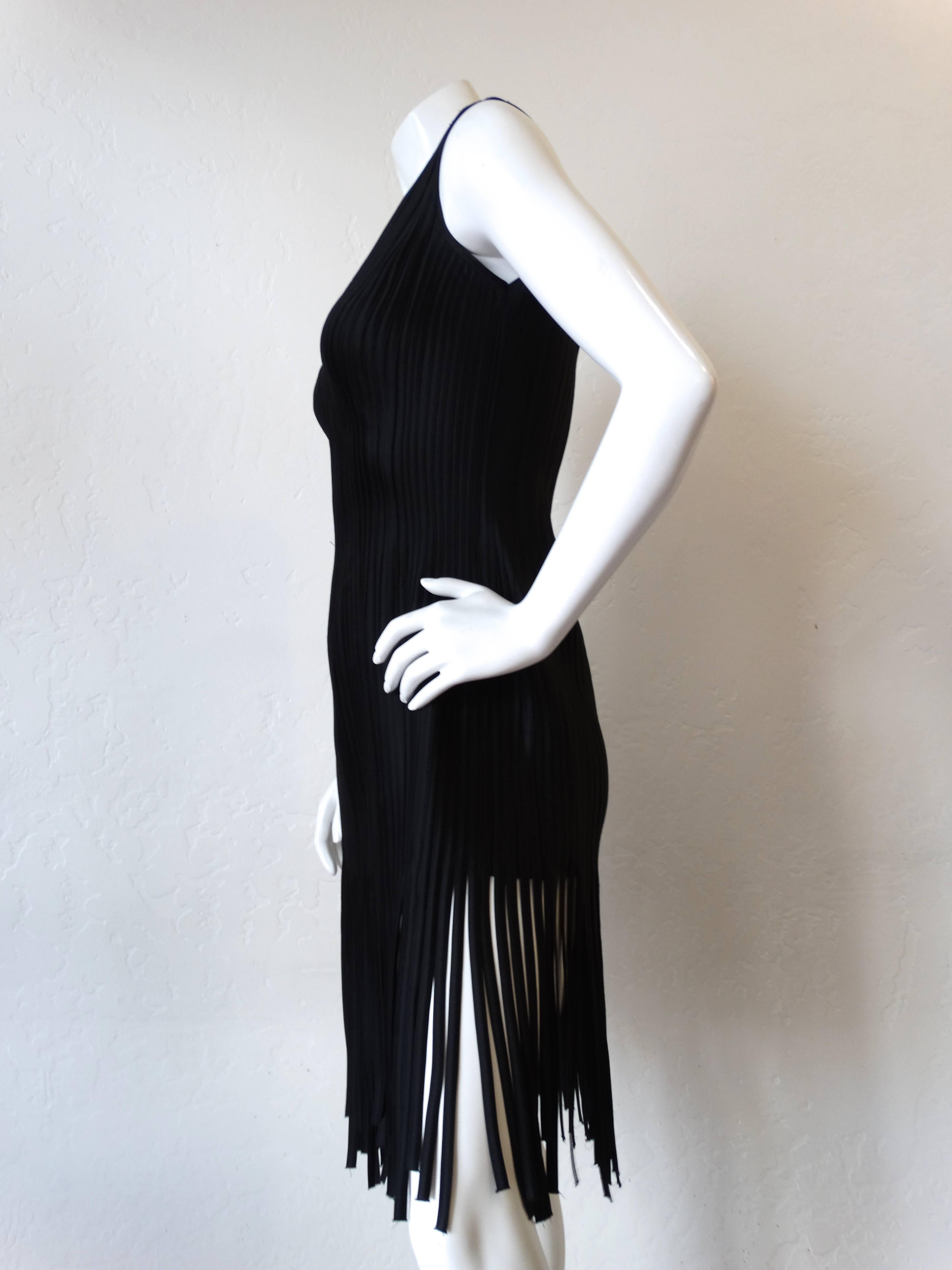 1980s Black Ribbed Carwash Fringe Cocktail Dress 1