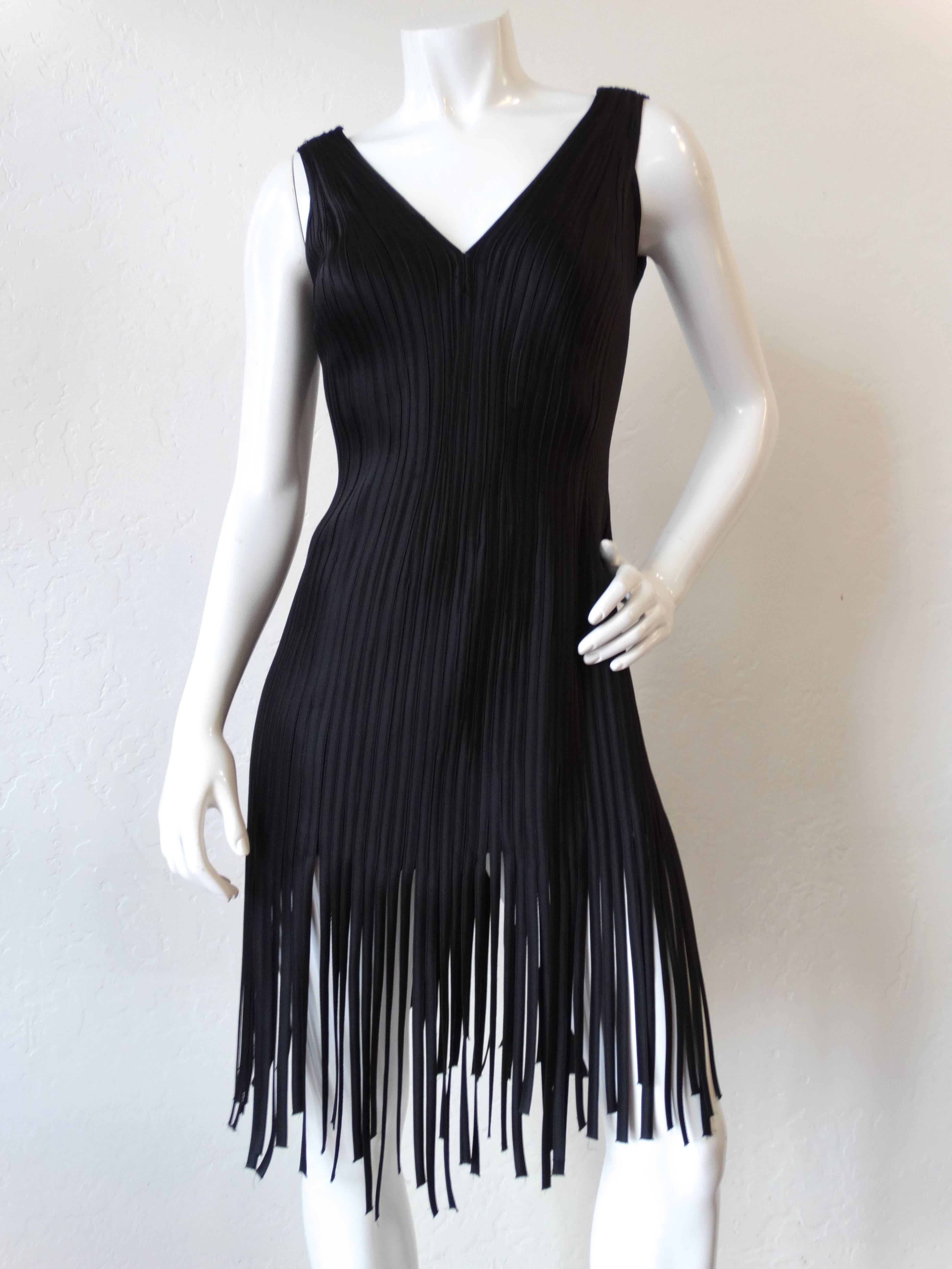 1980s Black Ribbed Carwash Fringe Cocktail Dress 3