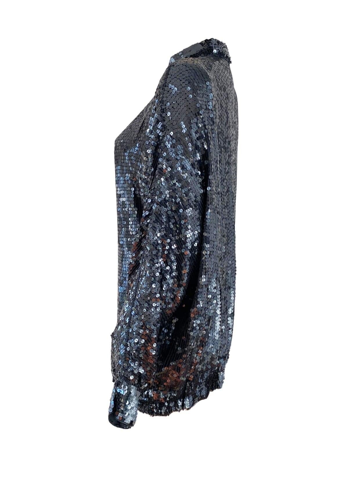 1980s Black Sequin Bomber Shacket Dolman Sleeve Fully Beaded Silk Moto Jacket In Excellent Condition For Sale In North Attleboro, MA
