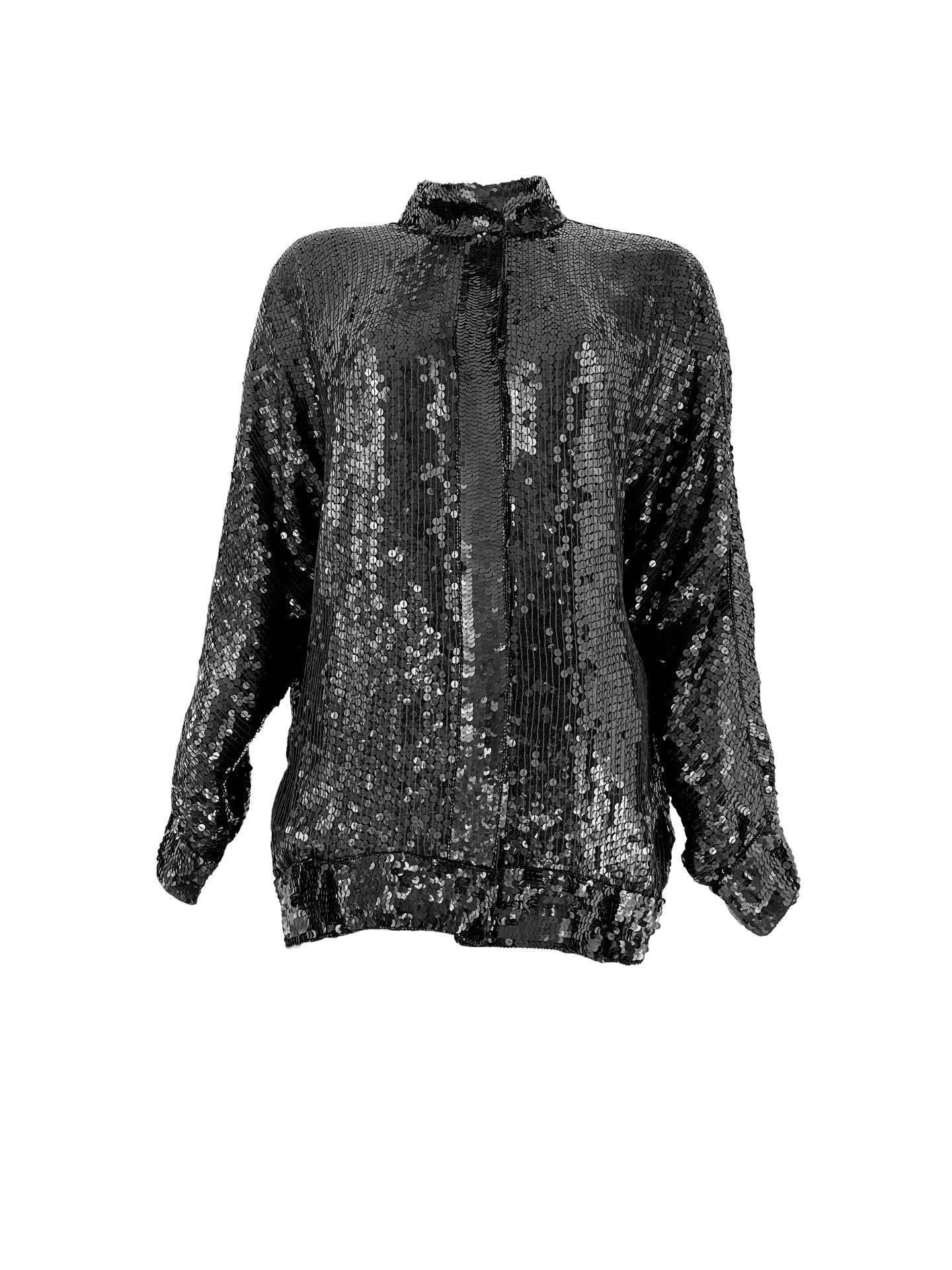 Women's 1980s Black Sequin Bomber Shacket Dolman Sleeve Fully Beaded Silk Moto Jacket For Sale