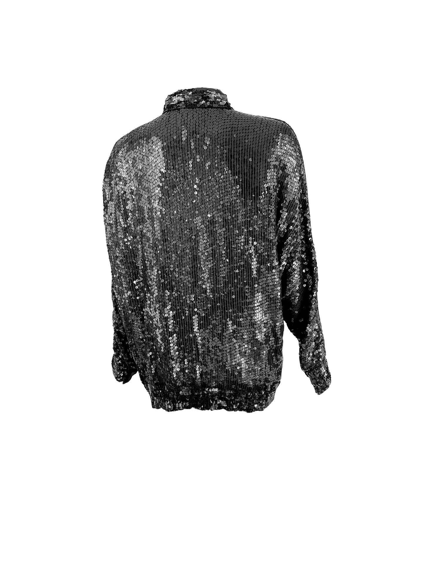 1980s Black Sequin Bomber Shacket Dolman Sleeve Fully Beaded Silk Moto Jacket For Sale 1