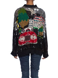 1980'S Black Silk Beaded Sequin Oversized Love-Mobile Bomber Jacket