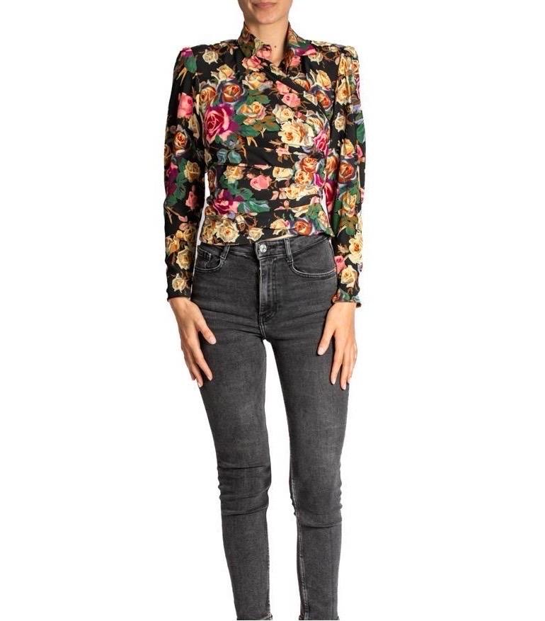 1980S Black Silk Chambray Floral Print Blouse In Excellent Condition For Sale In New York, NY