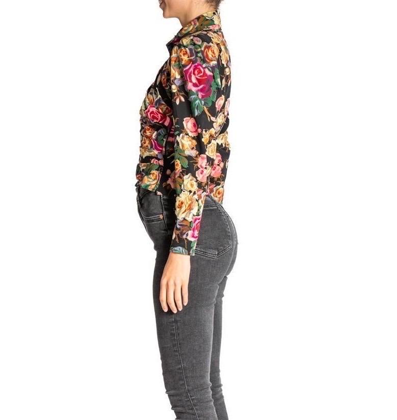 Women's 1980S Black Silk Chambray Floral Print Blouse For Sale