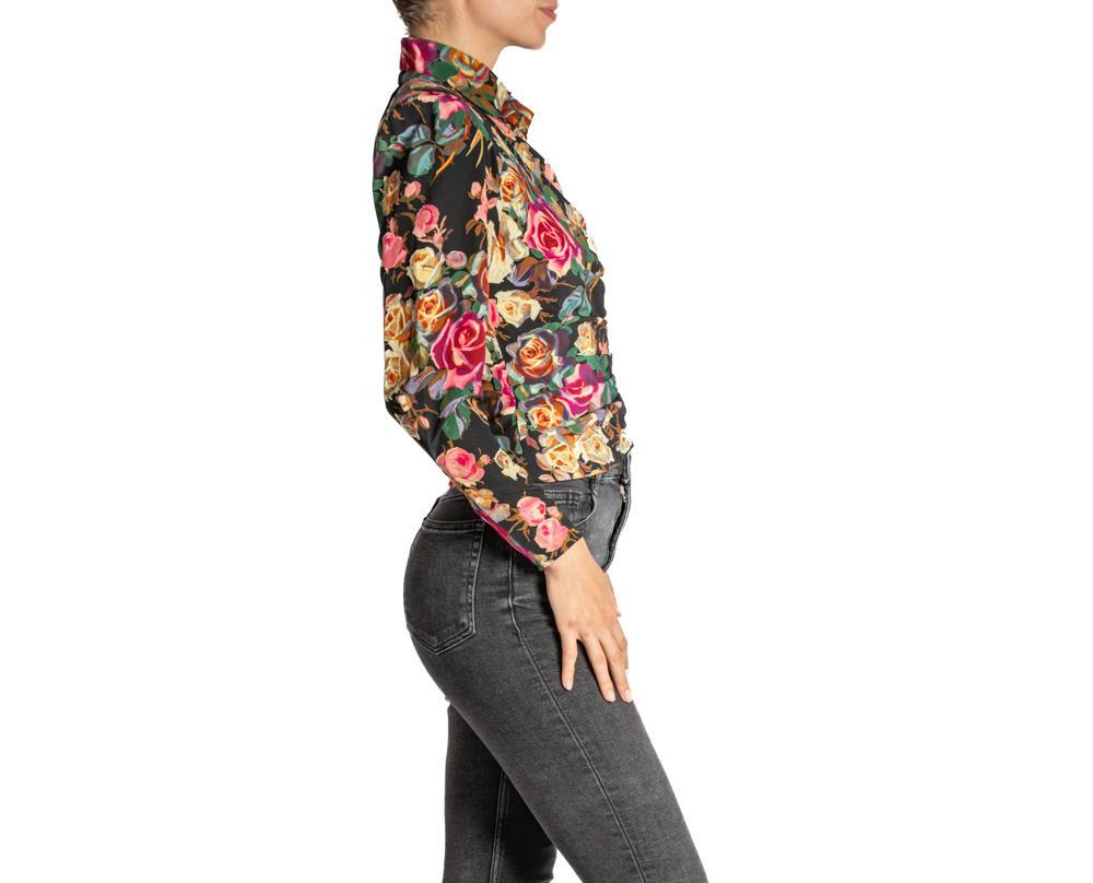 1980S Black Silk Chambray Floral Print Blouse For Sale 1
