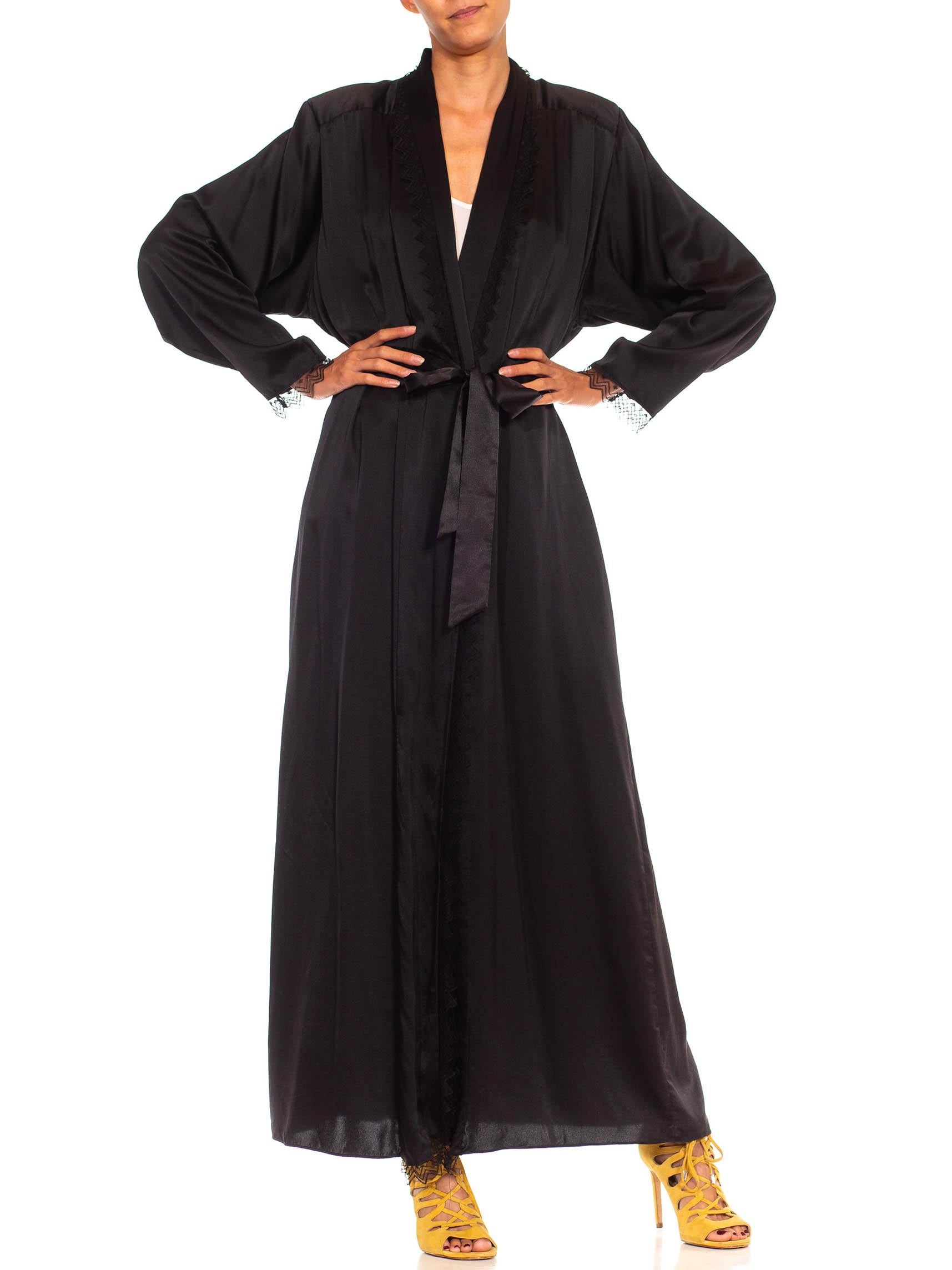 1980S Black Silk Charmeuse Satin Robe With Zigzag Lace Trim 2