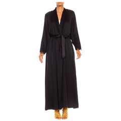1980S Black Silk Charmeuse Satin Robe With Zigzag Lace Trim