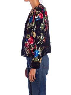 1980S Black Silk Colorful Floral Sequined Top