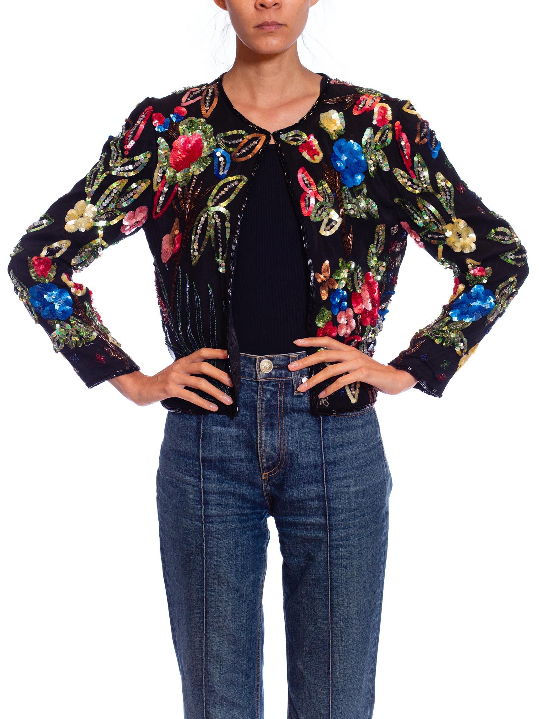 Women's 1980S Black Silk Colorful Floral Sequined Top