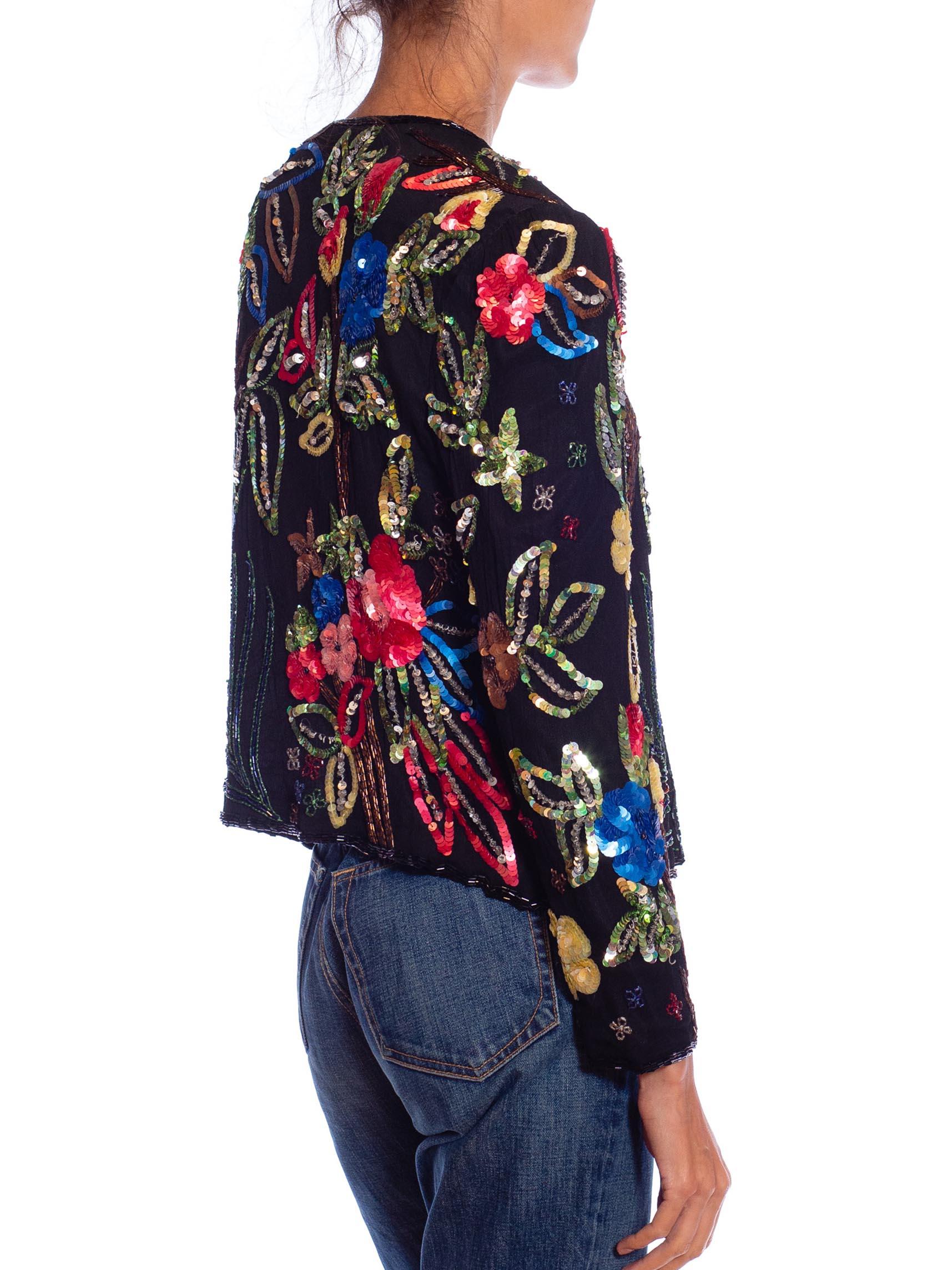 1980S Black Silk Colorful Floral Sequined Top 1