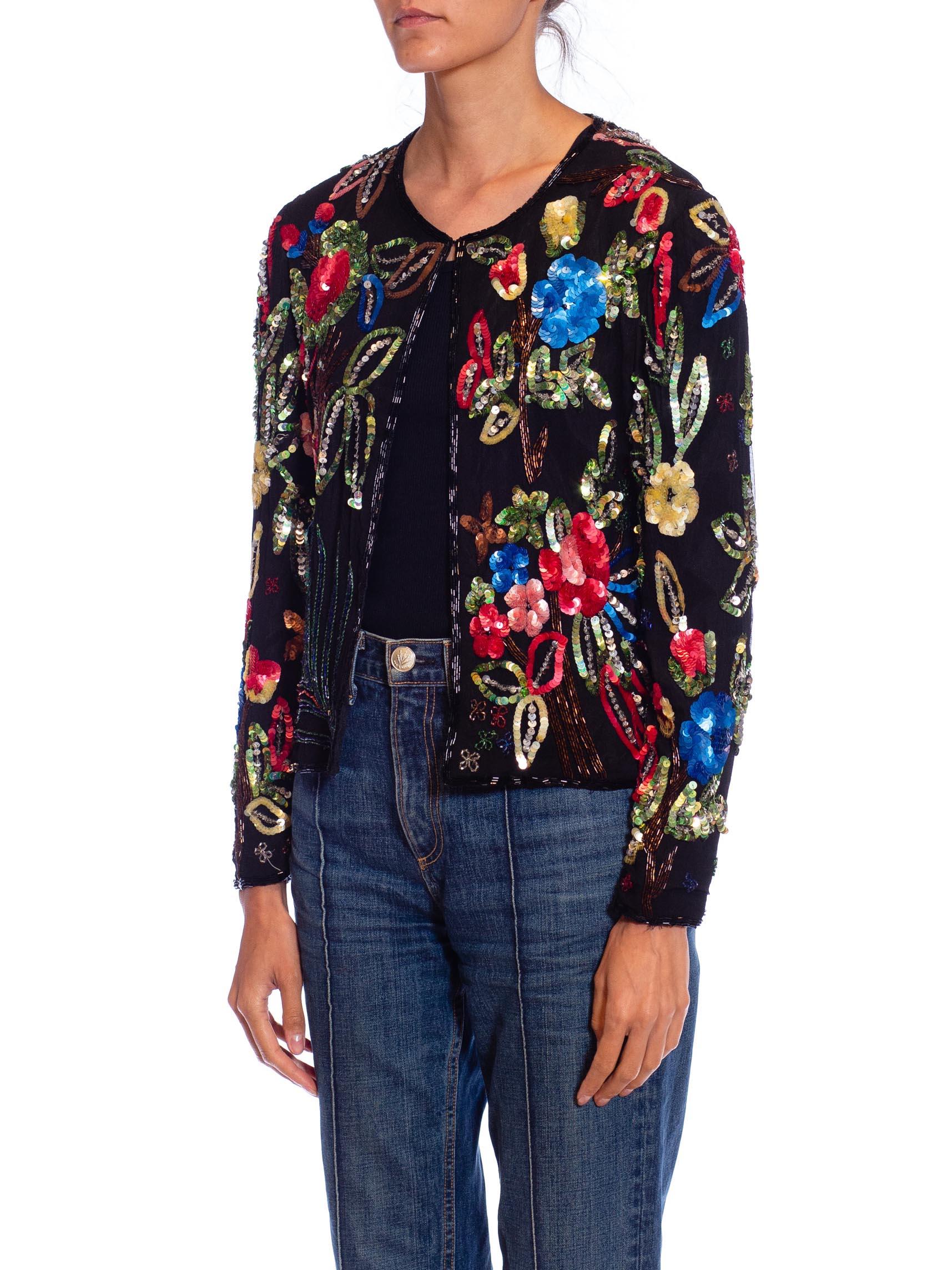 1980S Black Silk Colorful Floral Sequined Top 2