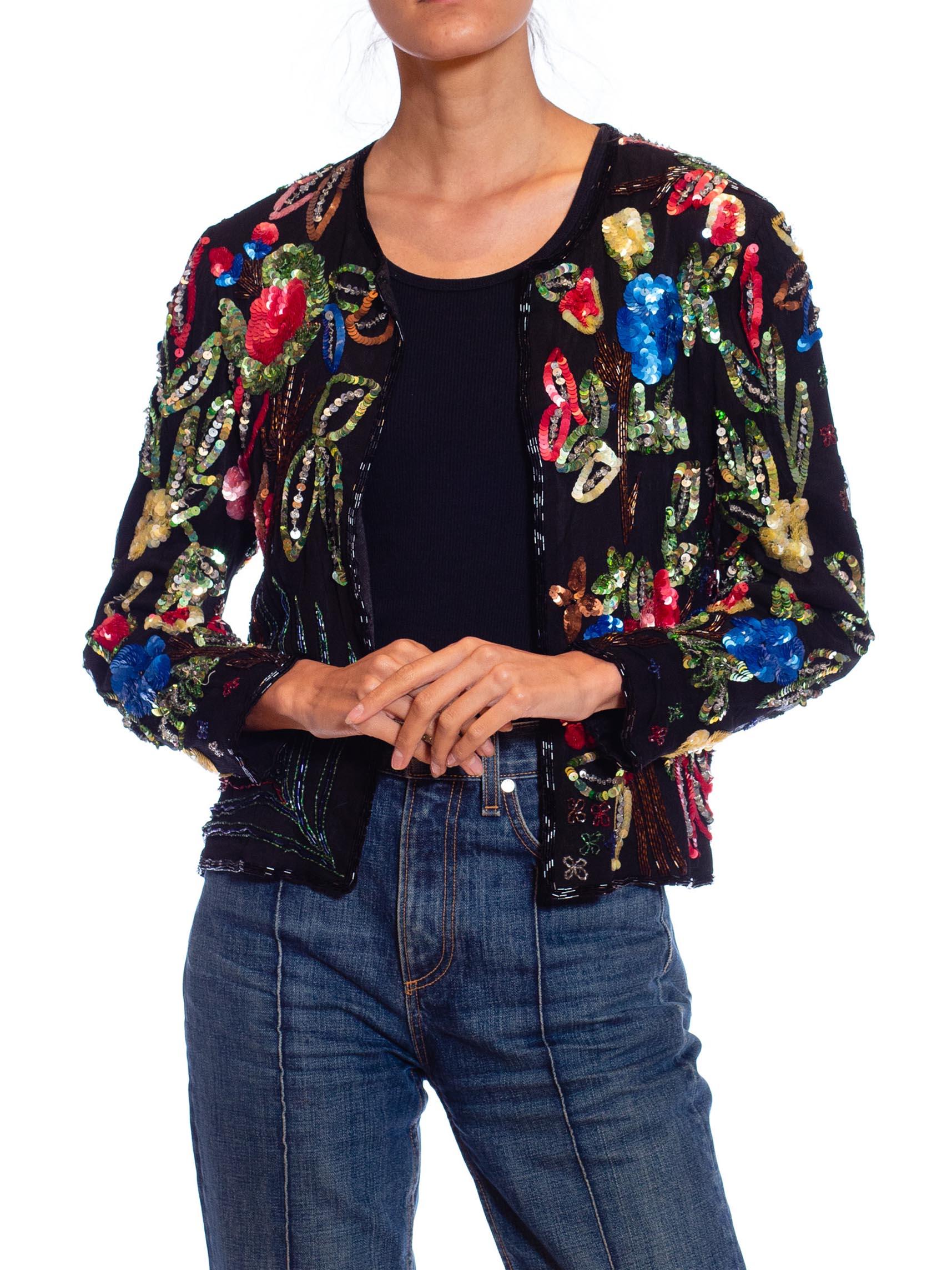 1980S Black Silk Colorful Floral Sequined Top 3