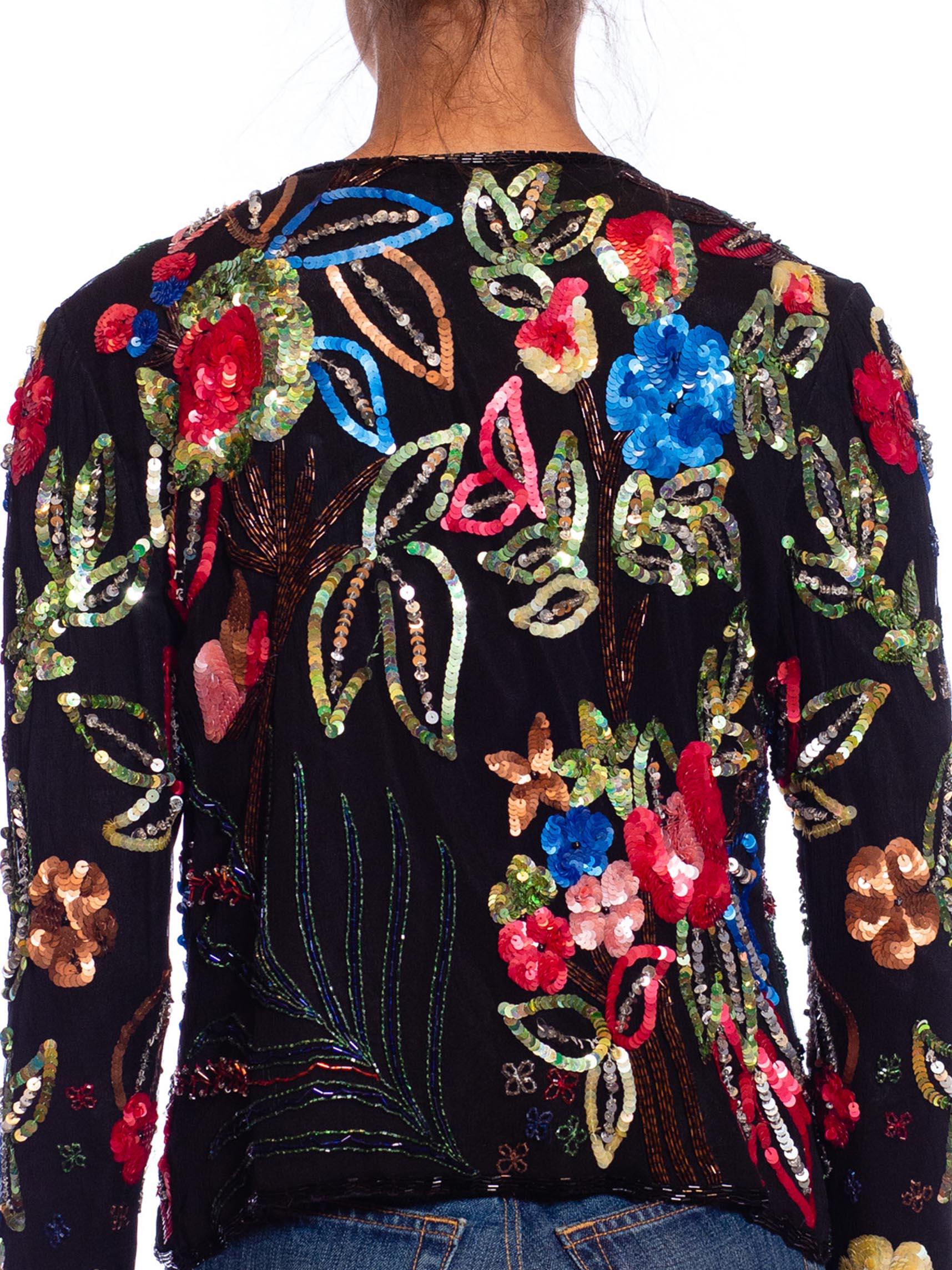 1980S Black Silk Colorful Floral Sequined Top 4