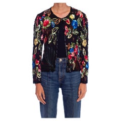 1980S Black Silk Colorful Floral Sequined Top