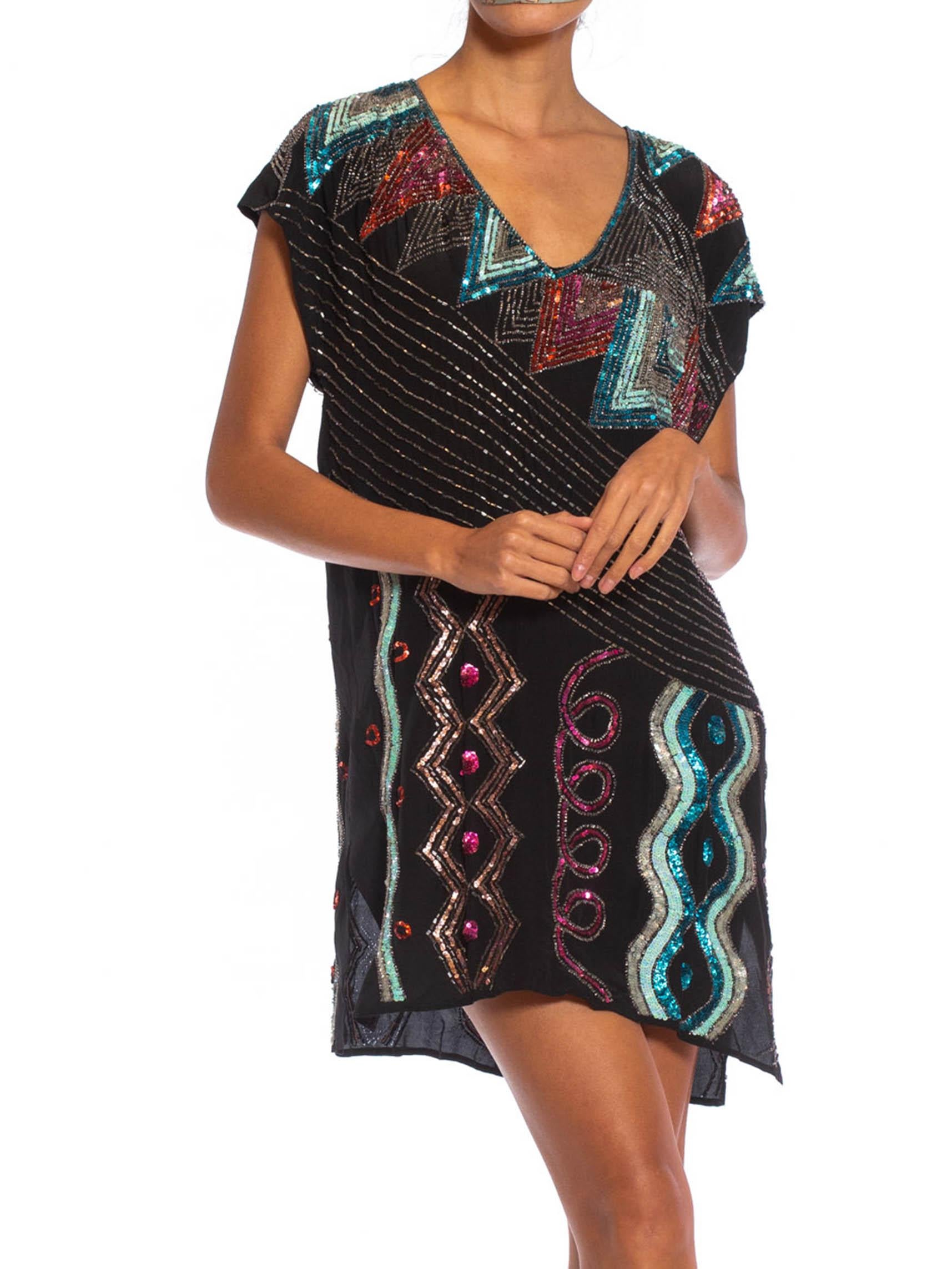 Women's 1980S Black Silk Crepe De Chine Beaded Squiggle Abstract Art Cocktail Dress