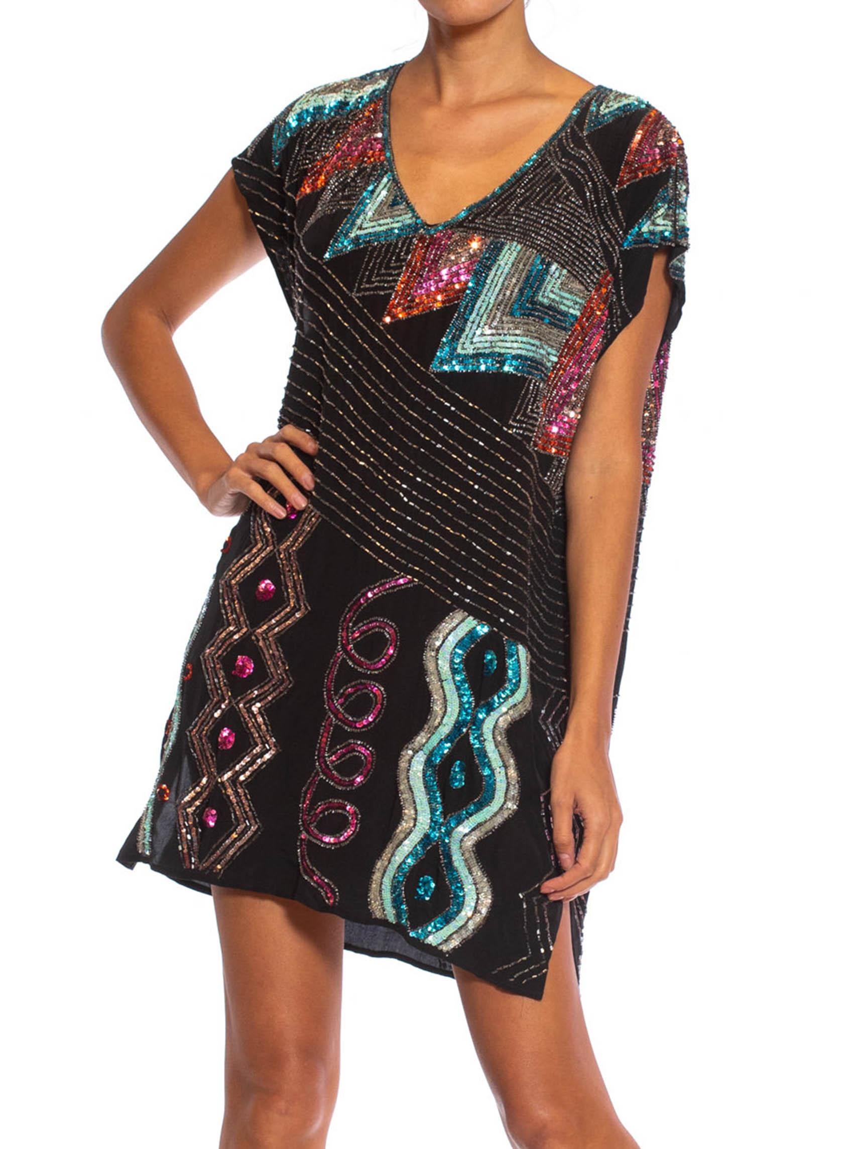 1980S Black Silk Crepe De Chine Beaded Squiggle Abstract Art Cocktail Dress 1