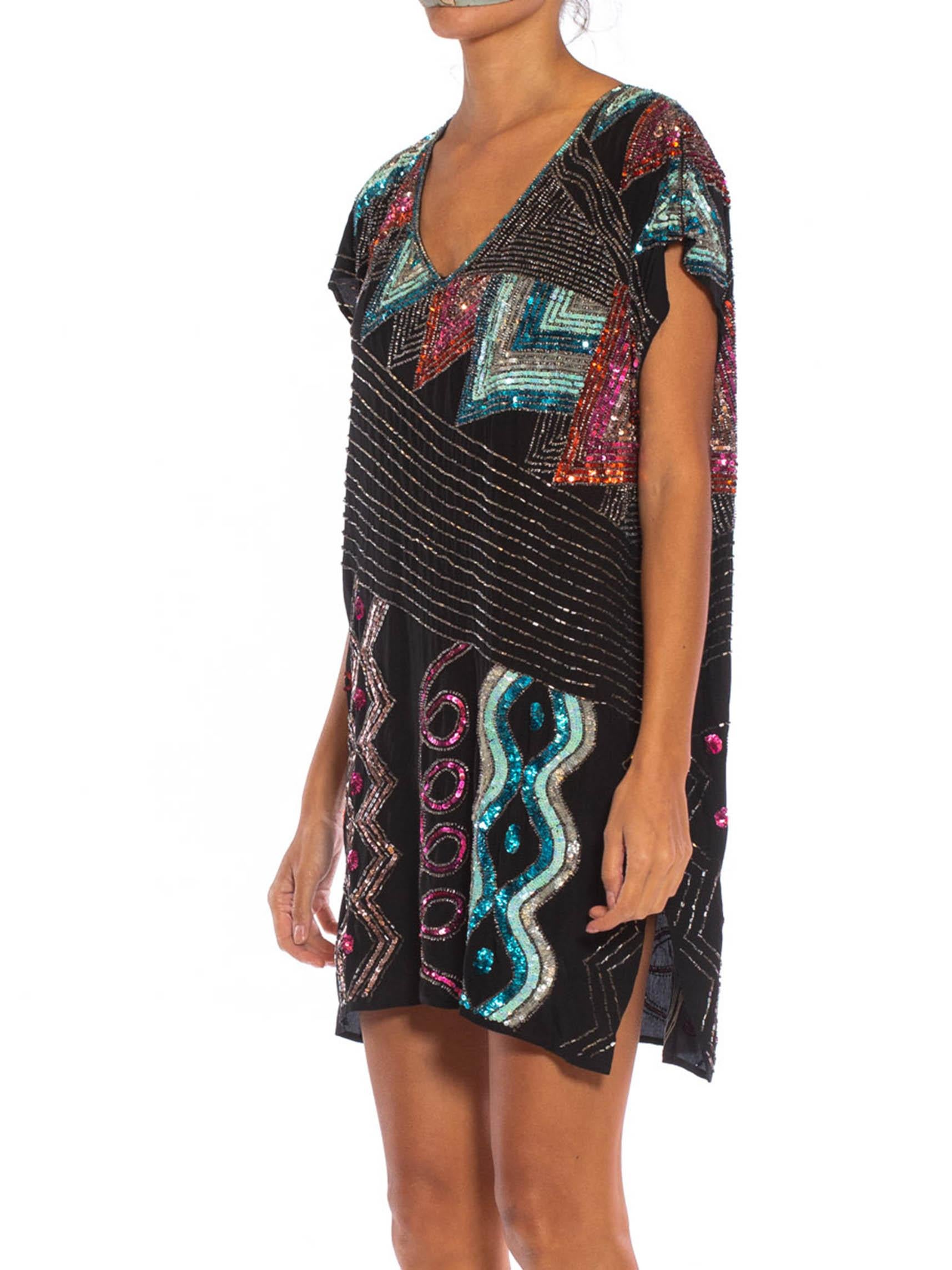 1980S Black Silk Crepe De Chine Beaded Squiggle Abstract Art Cocktail Dress 2