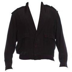 1980S Black Silk Crepe De Chine Minimalist Men's Jacket With Pocket & Shoulder D