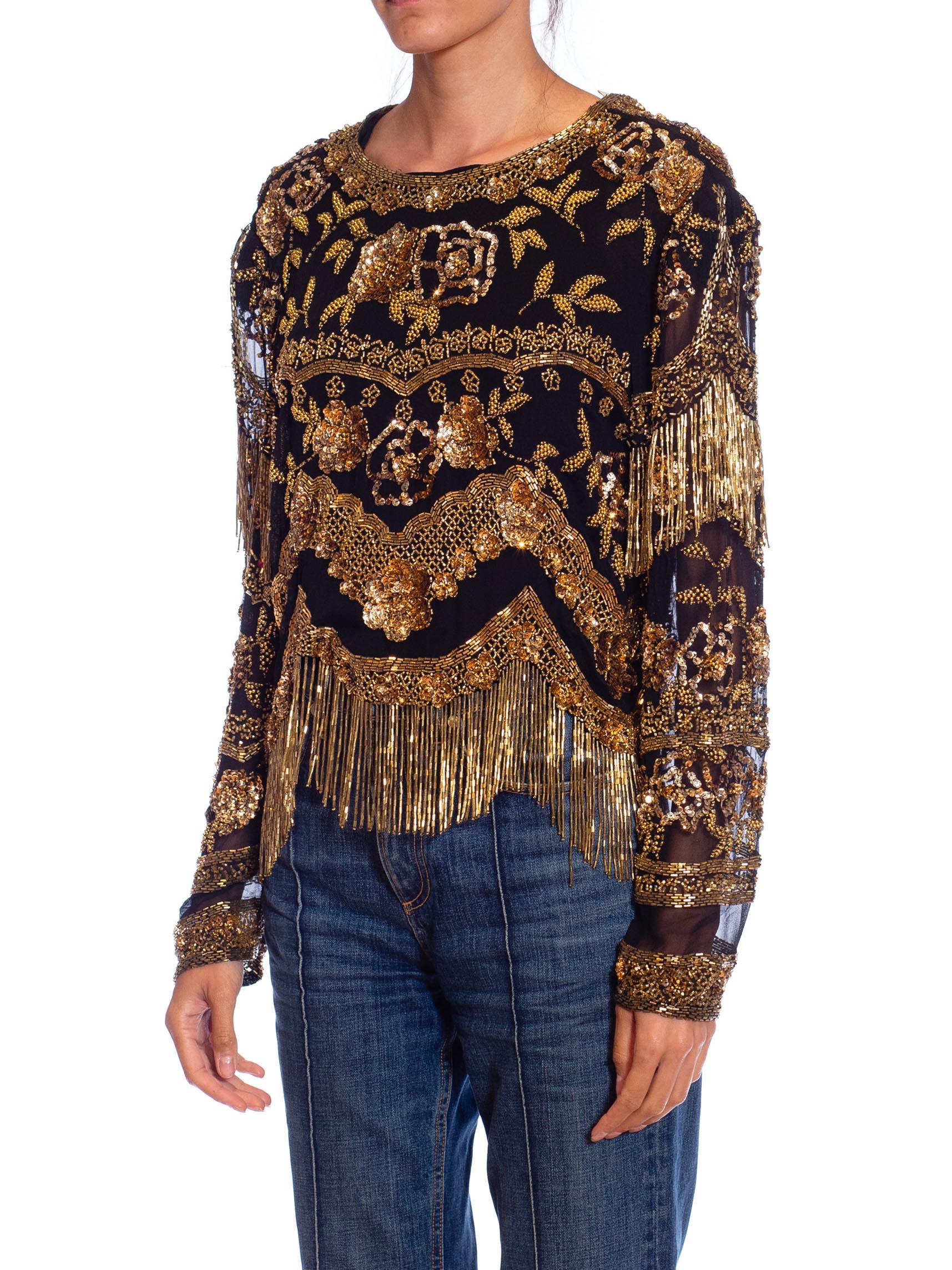 1980S Black Silk Gold Sequin & Beaded Fringe Top In Excellent Condition In New York, NY