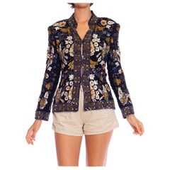 1980S Black Silk Gold & White Floral Beaded Evening Jacket