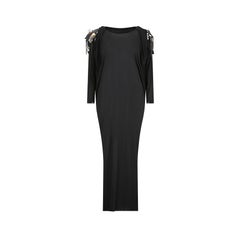 1980s Black Silk Jersey Batwing Dress with Leather Applique