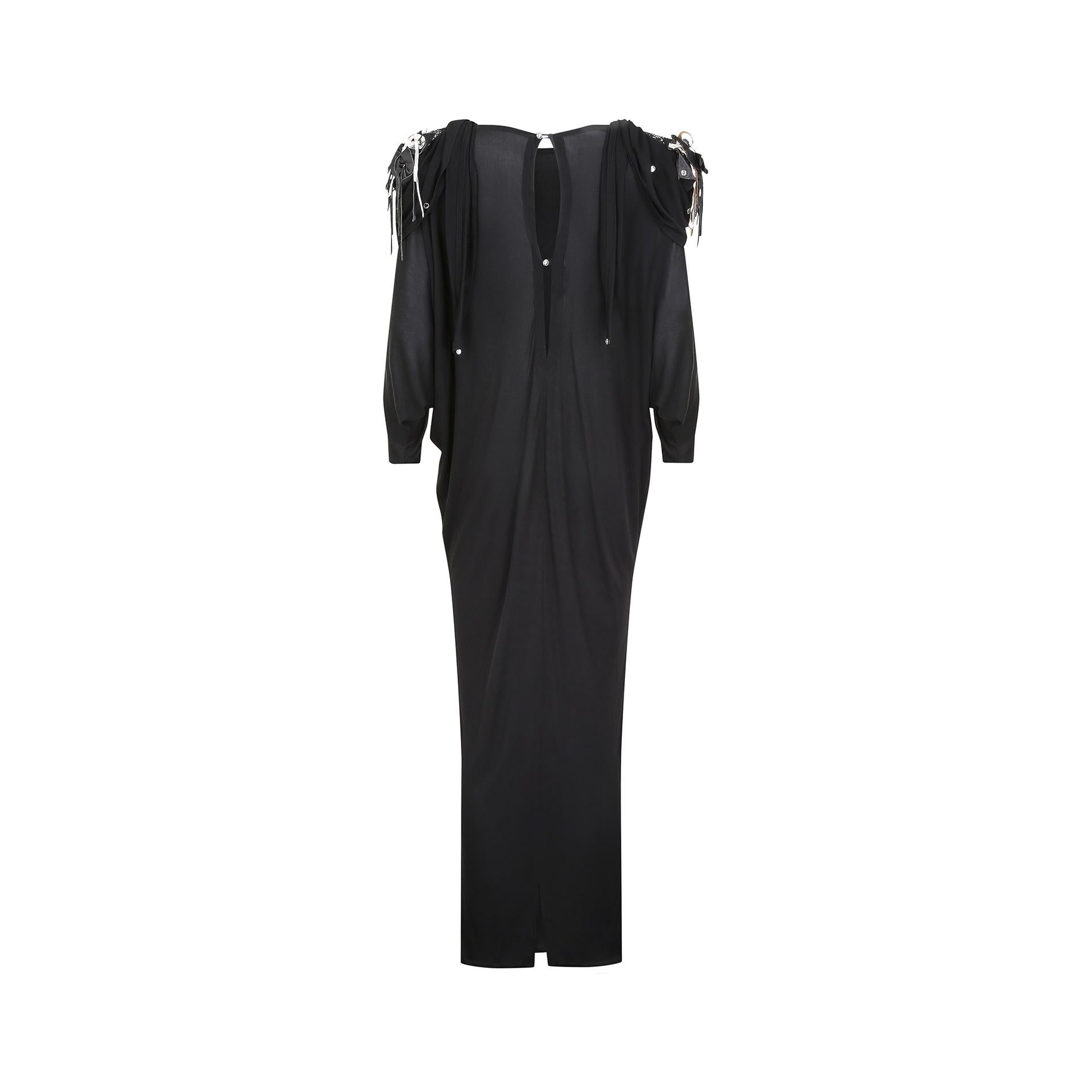 Women's 1980s Black Silk Jersey Batwing Dress with Leather Applique For Sale