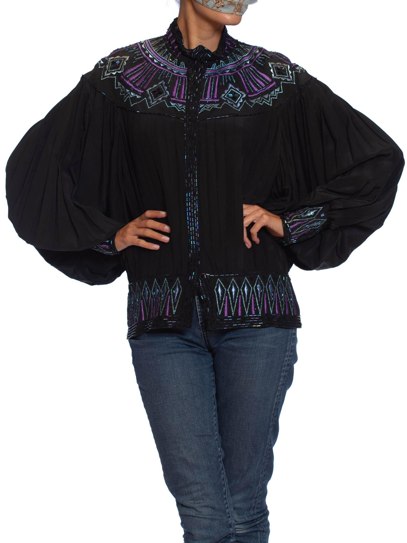 1980S Black Silk Pleated Dolman Sleeve Blouse With Teal & Purple Beaded Embroidery