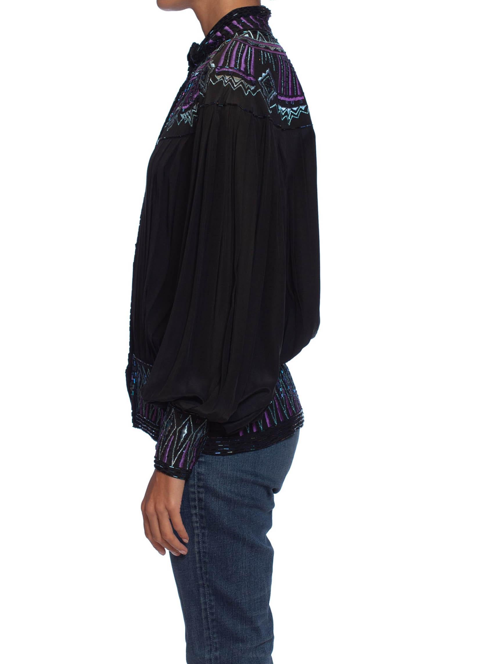1980S Black Silk Pleated Dolman Sleeve Blouse With Teal & Purple Beaded Embroid In Excellent Condition In New York, NY