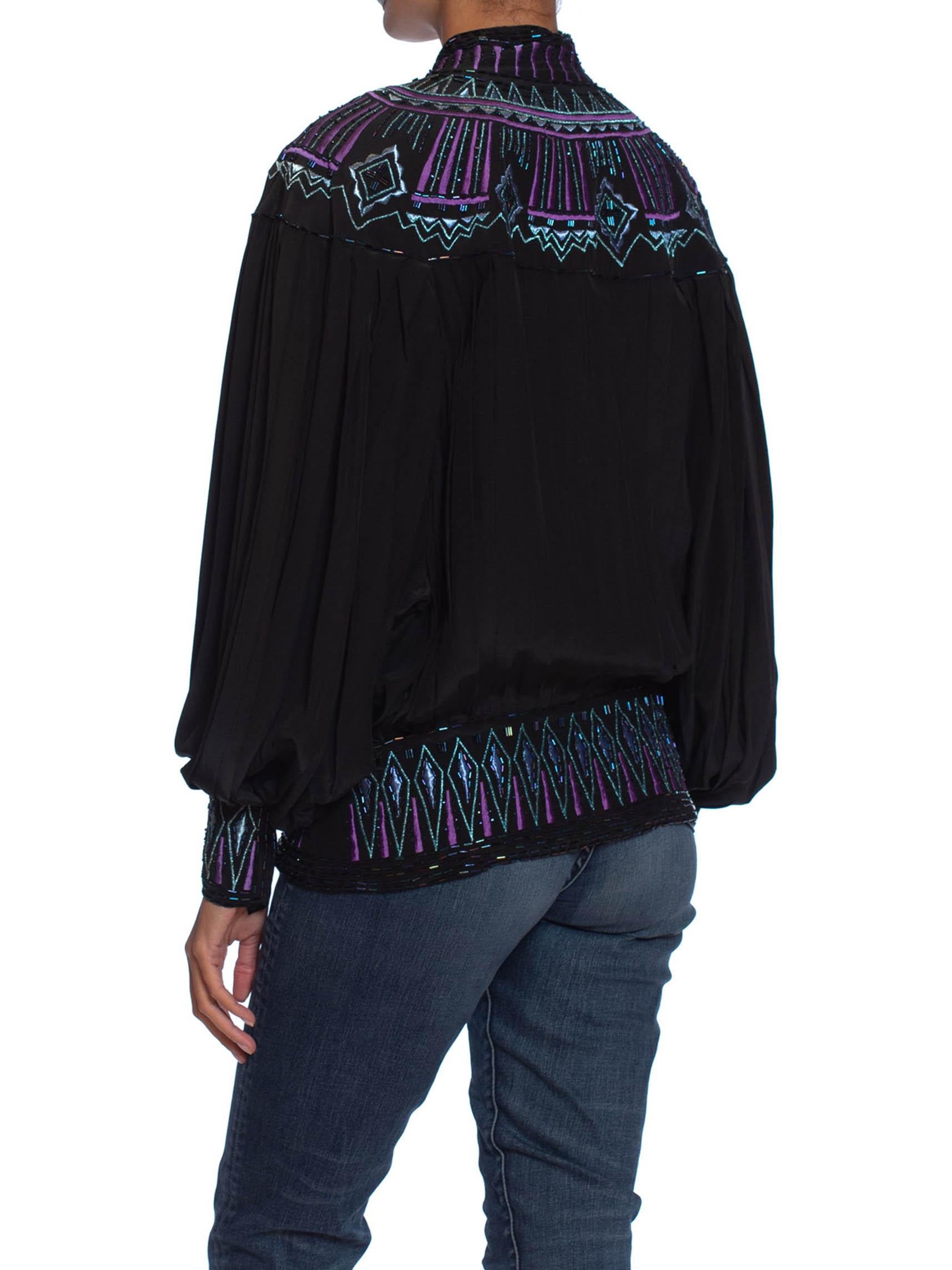 Women's 1980S Black Silk Pleated Dolman Sleeve Blouse With Teal & Purple Beaded Embroid