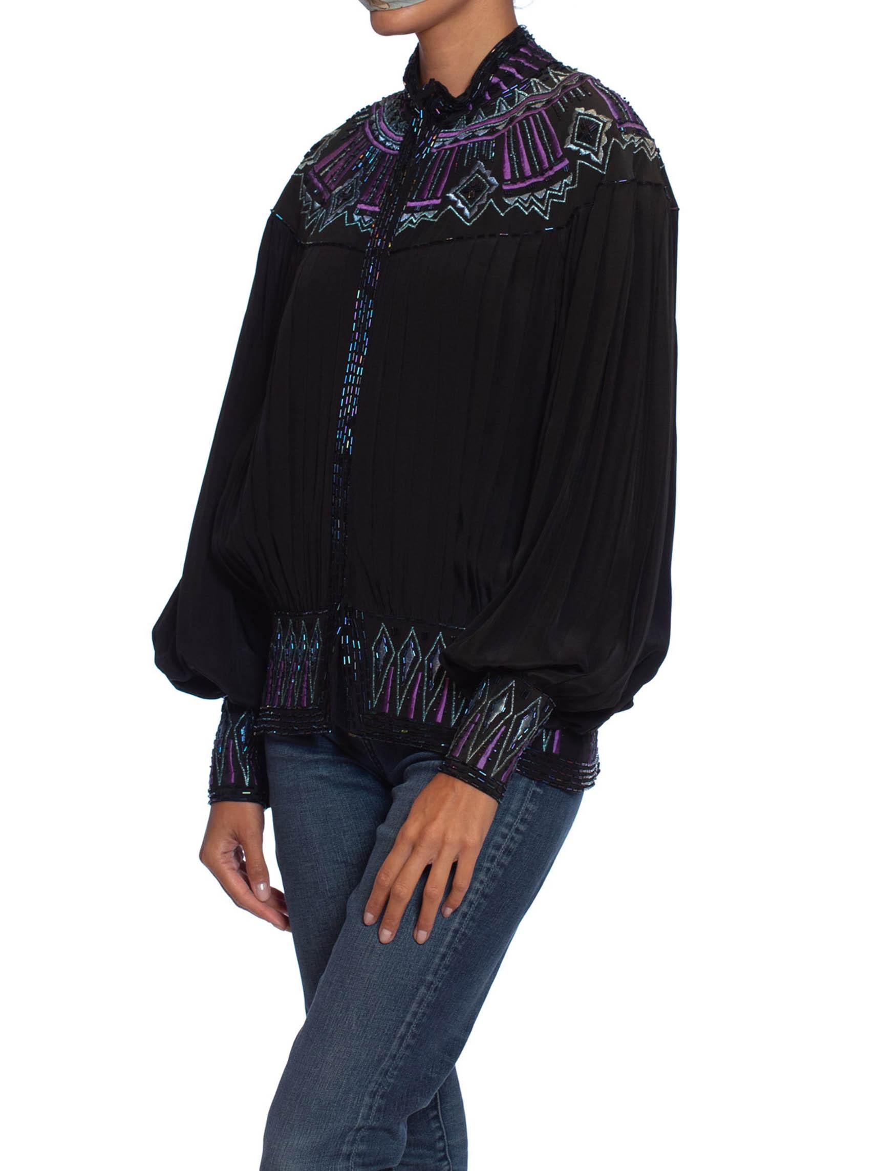 1980S Black Silk Pleated Dolman Sleeve Blouse With Teal & Purple Beaded Embroid 1