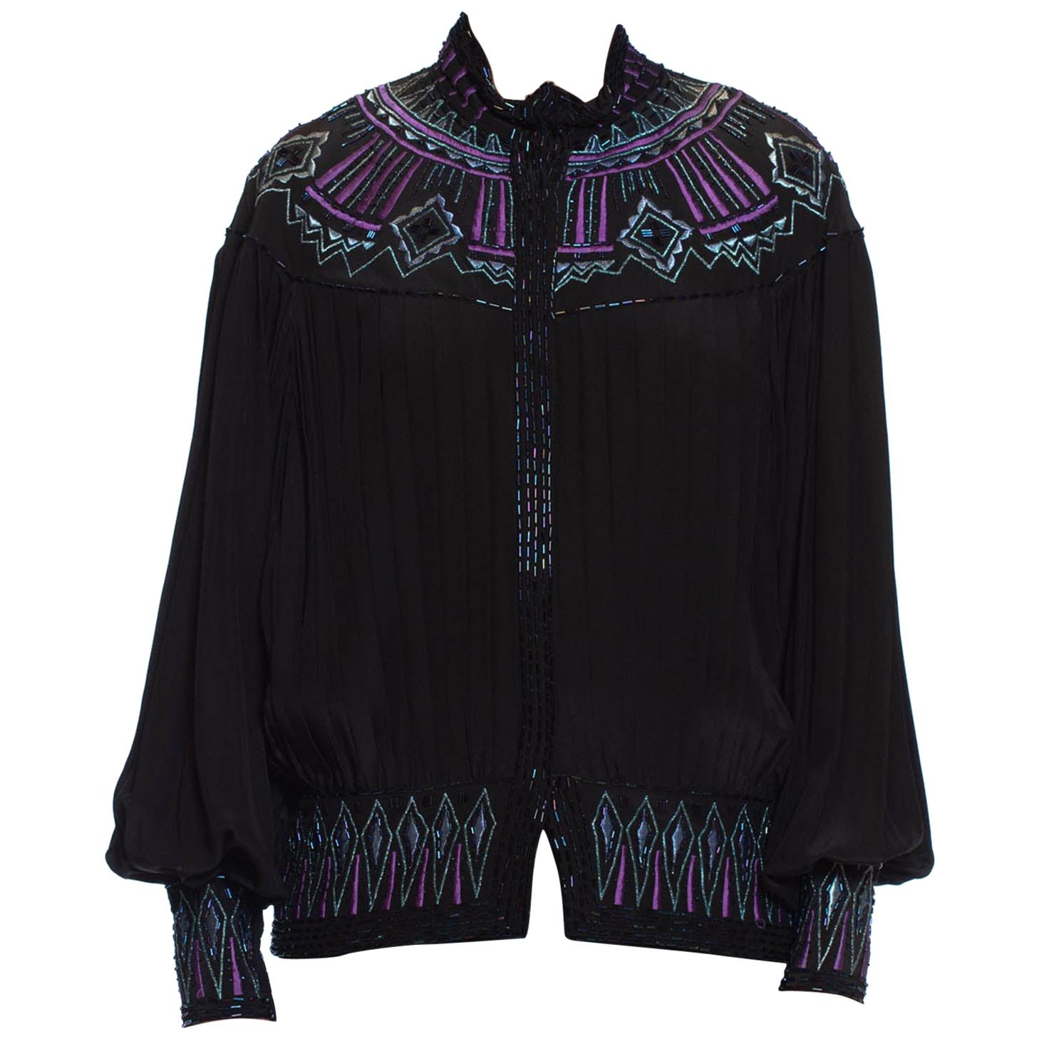 1980S Black Silk Pleated Dolman Sleeve Blouse With Teal & Purple Beaded Embroid
