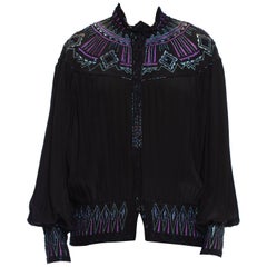 Retro 1980S Black Silk Pleated Dolman Sleeve Blouse With Teal & Purple Beaded Embroid