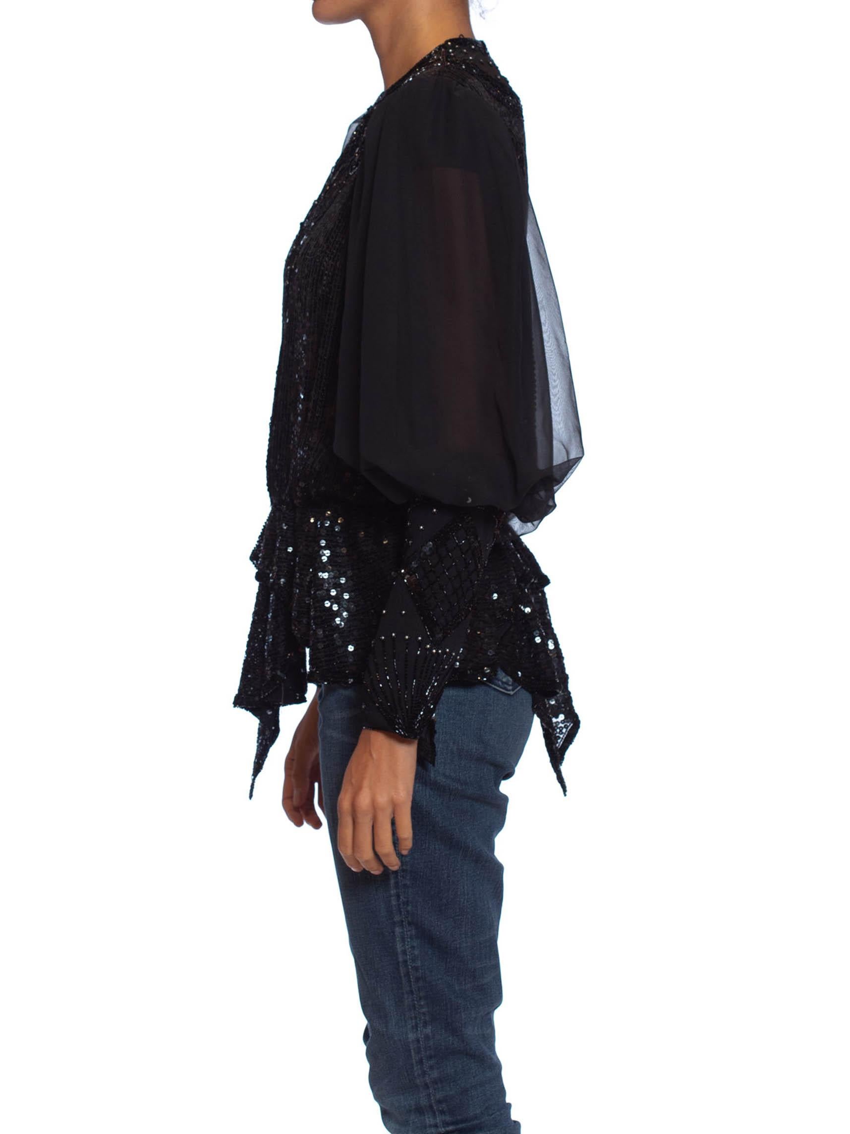 Elastic waist stretches comfortably to 38in 1980S Black Silk & Poly Chiffon Beaded Victorian Style Blouse 
