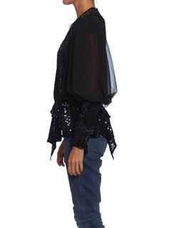1980S Black Silk & Poly Chiffon Beaded Victorian Style Blouse