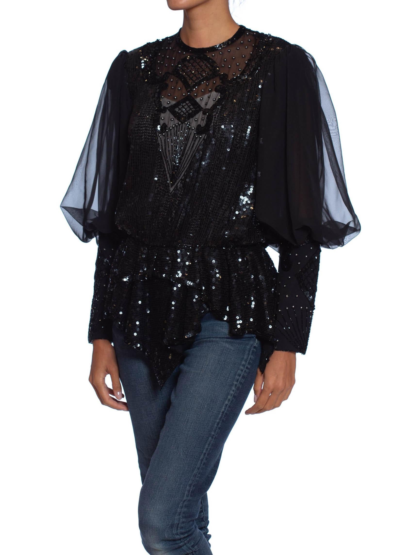 1980S Black Silk & Poly Chiffon Beaded Victorian Style Blouse In Excellent Condition In New York, NY