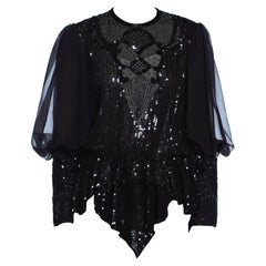 1980S Black Silk & Poly Chiffon Beaded Victorian Style Blouse