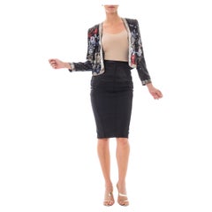 1980S Black Silk Sequined Jacket With Red, Blue & Silver Beaded Flowers