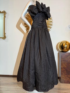 1980s Black Silk Strapless Gown w Small Cream Polkadots & Bow Trimmed Bodice