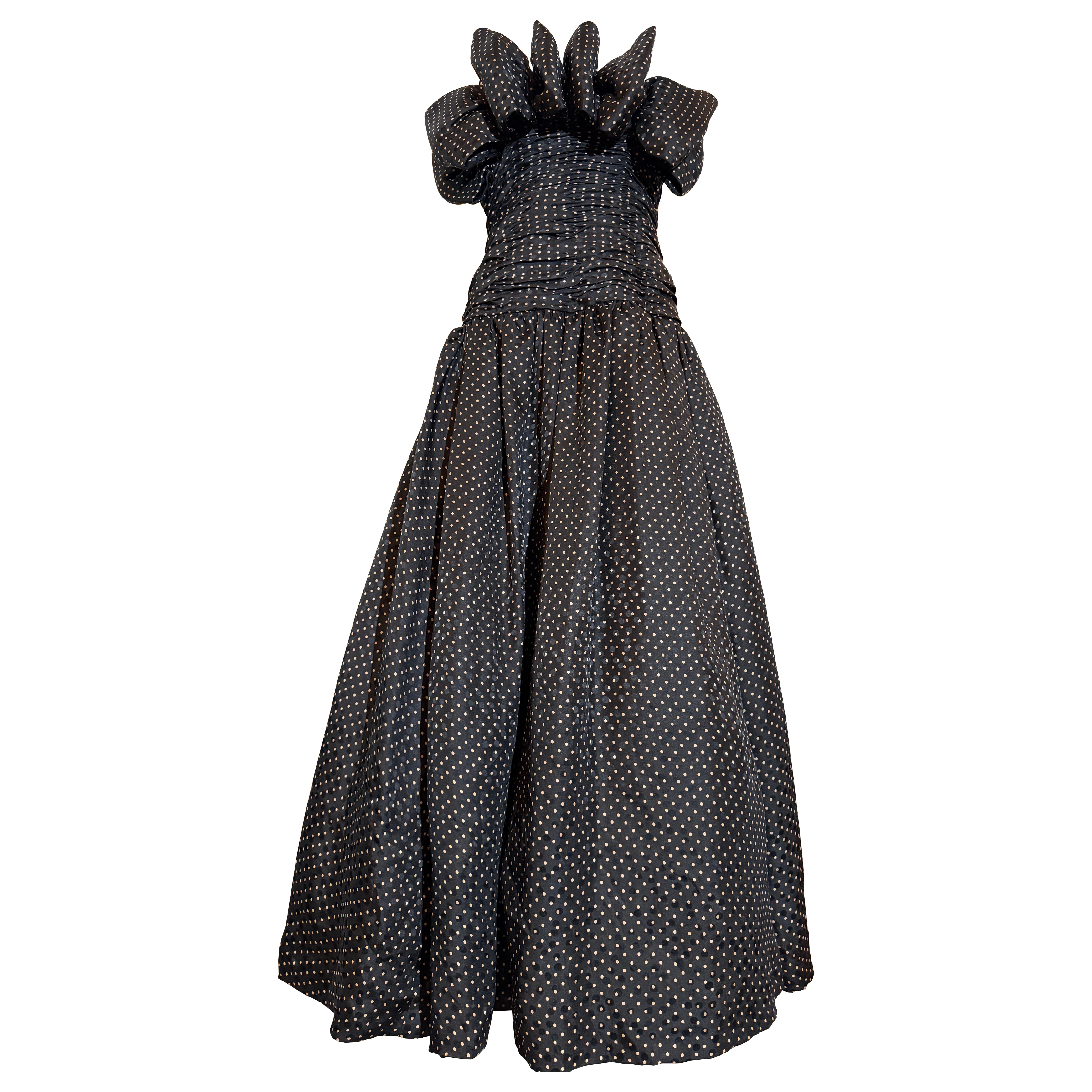 1980s Black Silk Strapless Gown w Small Cream Polkadots 
Bow Trimmed Bodice For Sale