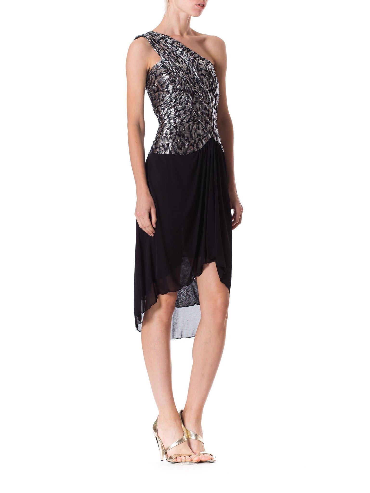 1980S Black & Silver Poly/Lurex Jacquard Couture Pleated One Shoulder Late Disco Cocktail Dress