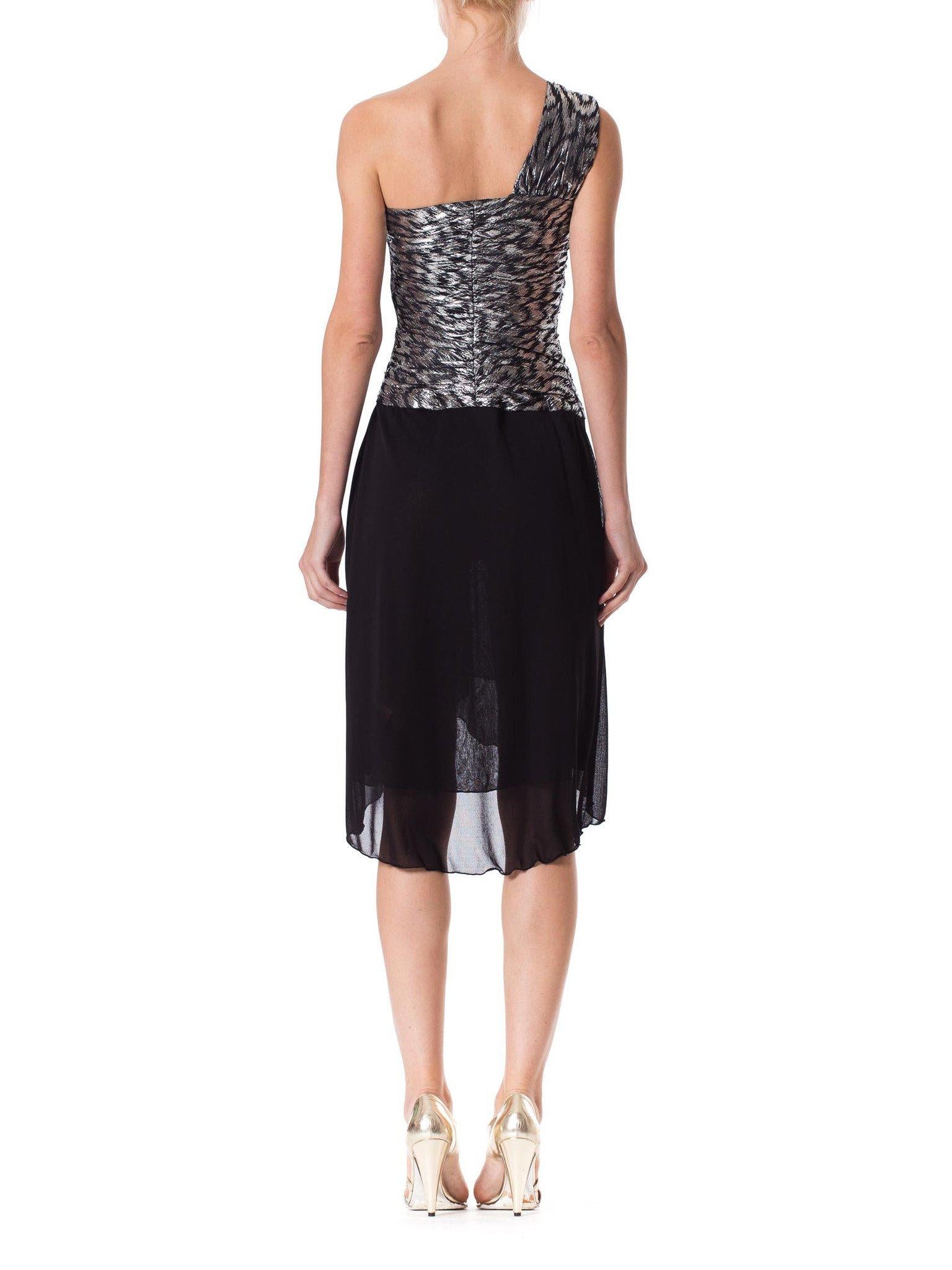 1980S Black & Silver Poly/Lurex Jacquard Couture Pleated One Shoulder Late Disc In Excellent Condition In New York, NY