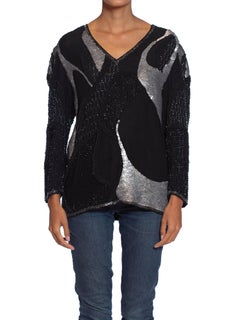 1980S Black & Silver Silk Abstract Beaded Sequined  Top
