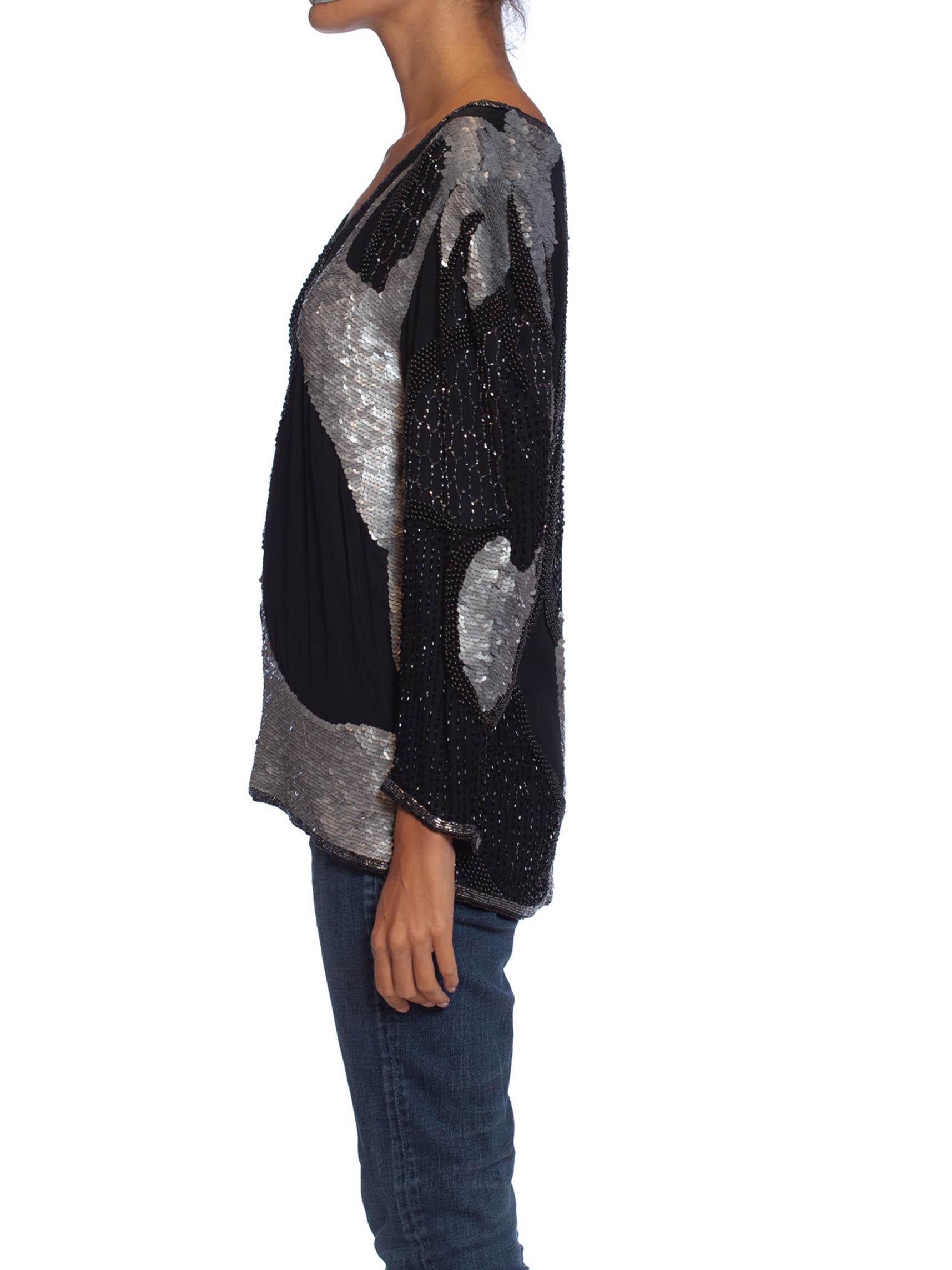 1980S Black & Silver Silk Abstract Beaded Sequined  Top In Excellent Condition For Sale In New York, NY