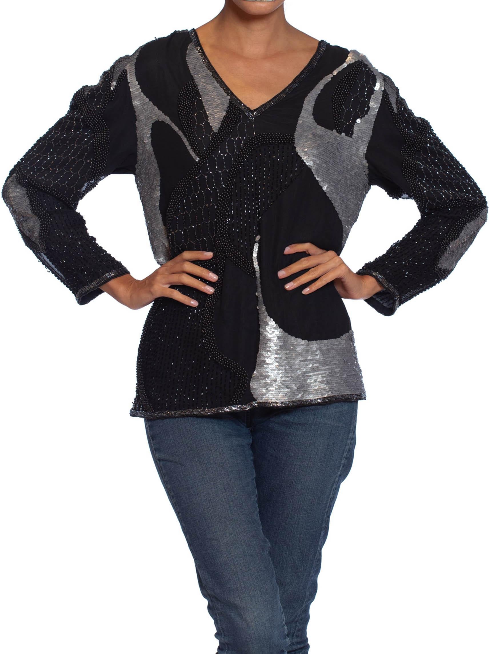 1980S Black & Silver Silk Abstract Beaded Sequined  Top For Sale 2