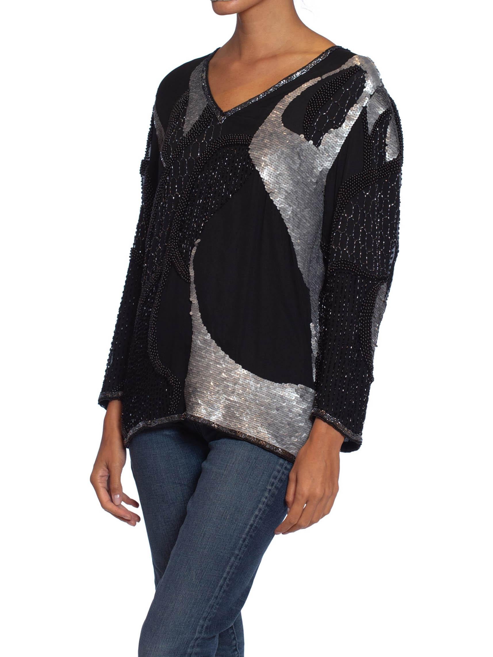 1980S Black & Silver Silk Abstract Beaded Sequined  Top For Sale 3