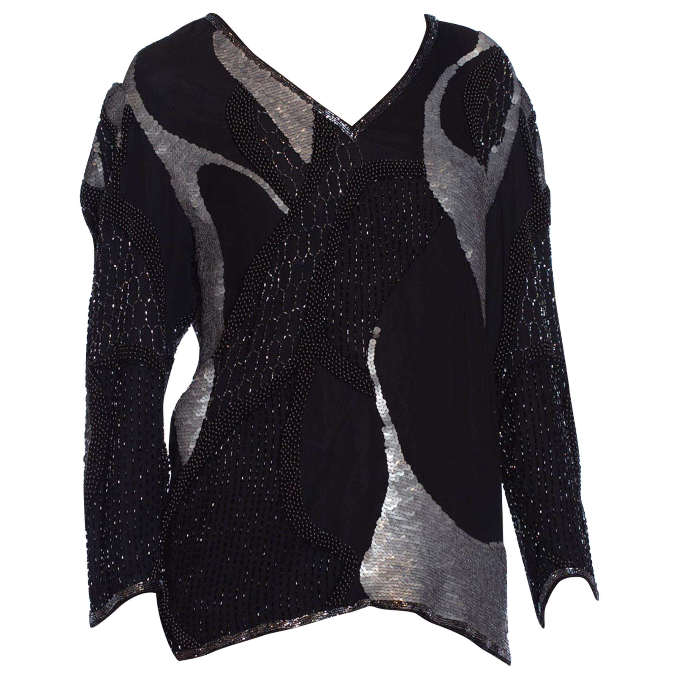 1980S Black & Silver Silk Abstract Beaded Sequined  Top For Sale