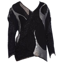 1980S Black & Silver Silk Abstract Beaded Sequined  Top