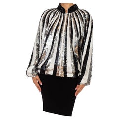 Retro 1980S Black, Silver & White Rayon Glam Striped Sequin  Bomber Jacket With Elast